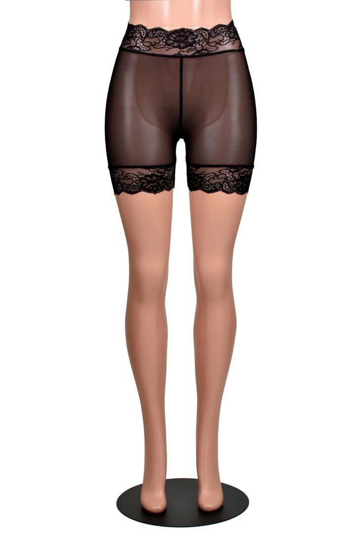 Mannequin wearing High-Waisted Sheer Black Mesh Stretch Lace Shorts (5" inseam). Shorts have 3" wide black scalloped stretch lace trim around the waist and legs. Stretch Mesh Bottoms With Built-in Shorts, Short Mesh Fitted Bottoms, Fitted Mesh Shorts, Black Stretch Shorts With Lace Trim, Lace Trim Lace Shorts, Black Stretch Bottoms With Contrast Lace, Sheer Lace Brief Bottoms, Fitted Black Lace Shorts, Black Fitted Lace Shorts