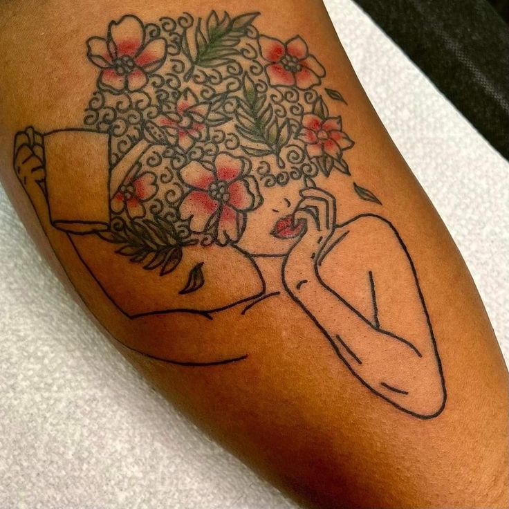 Flower Afro Tattoos, Pour Into Yourself Tattoo, Water Yourself Tattoo, Black Woman Tattoo Ideas, Thigh Tattoos Women Black Woman, Spiritual Tattoos Black Women, Cute Tattoos For Black Women, Black Women Tattoos Ideas, Still Growing Tattoos