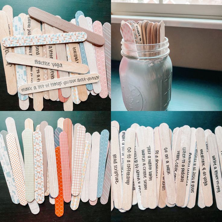 several different types of wooden clothes pins and mason jar with matchesticks in them