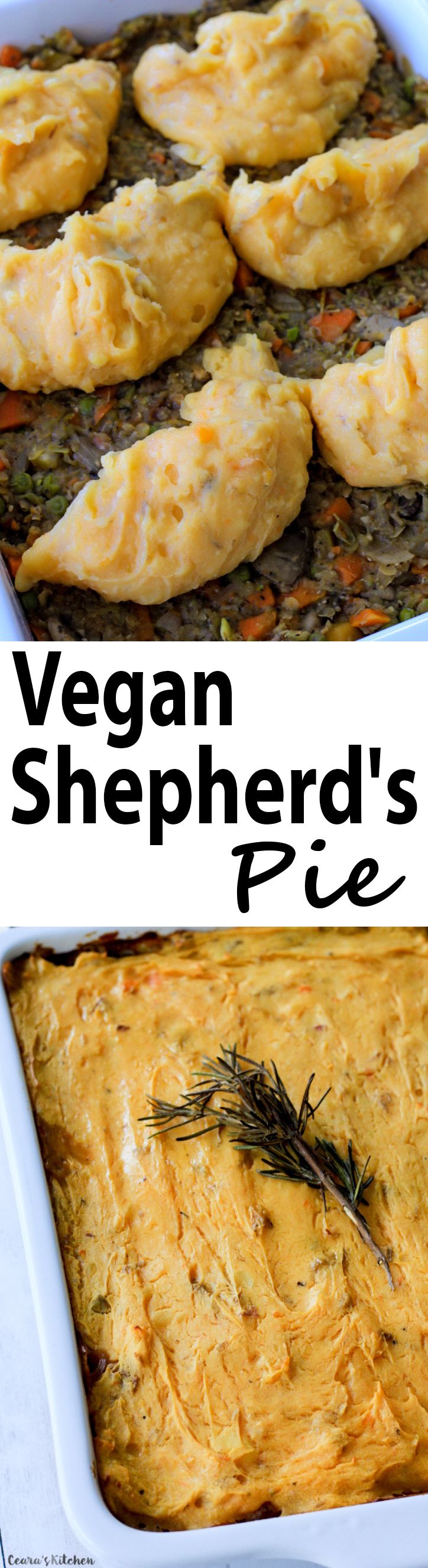 vegan shepherd's pie in a white casserole dish with text overlay