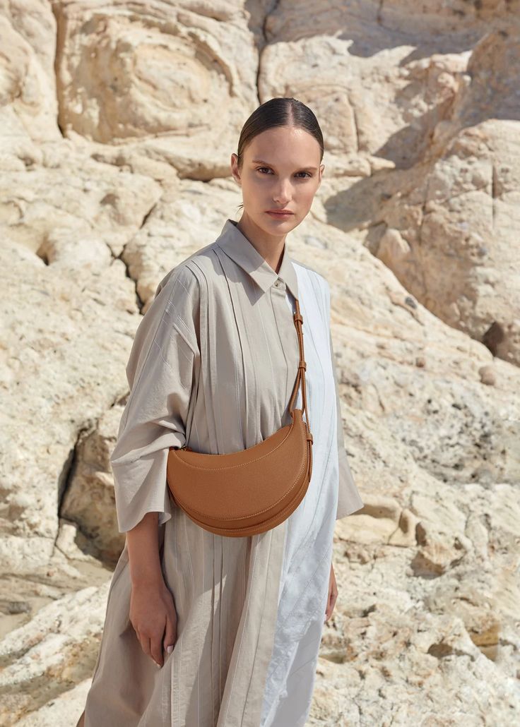 Polène | Bag - N°10 - Monochrome Camel Textured leather Crossbody Saddle Bag, Moon Bag, Designer Crossbody, Iconic Bags, Waist Bags, Moon Design, Designer Shoulder Bags, Half Moon, Go Shopping