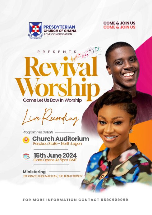 the flyer for revival worship with two people