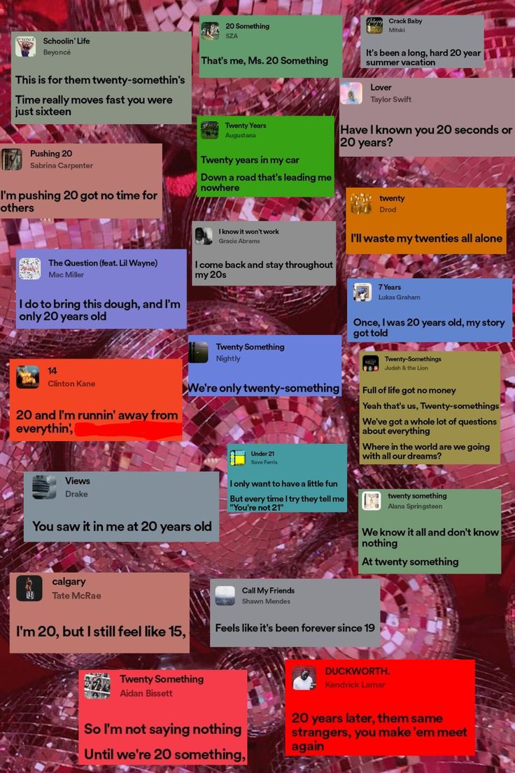 a bunch of red and green text on a wall with different colored squares around it