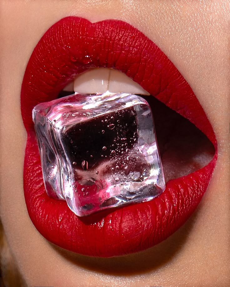 a woman's lips with red lipstick and ice cubes in the shape of a square