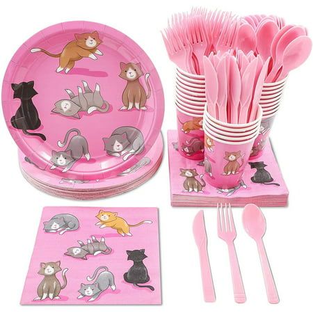 a pink party set with cats and kittens on the plates, napkins, forks and utensils