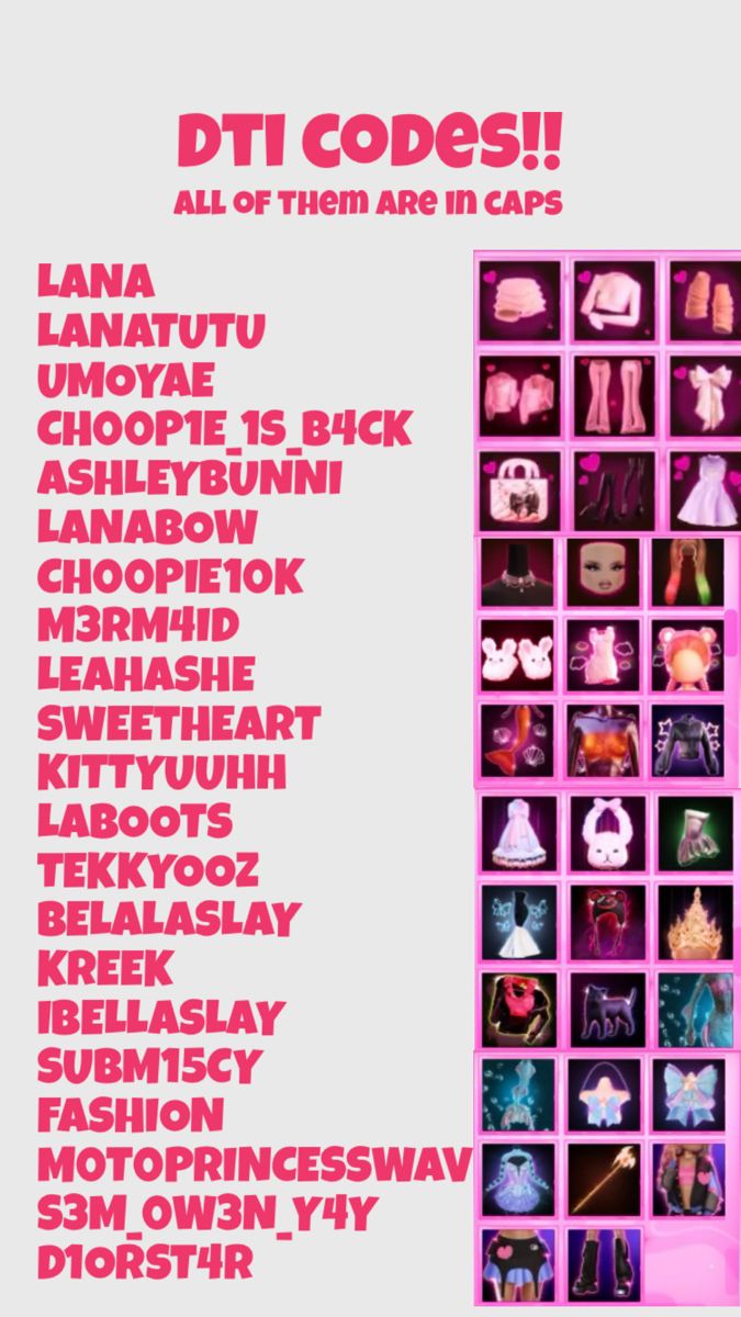 a poster with the names of different types of items on it, all in pink and white