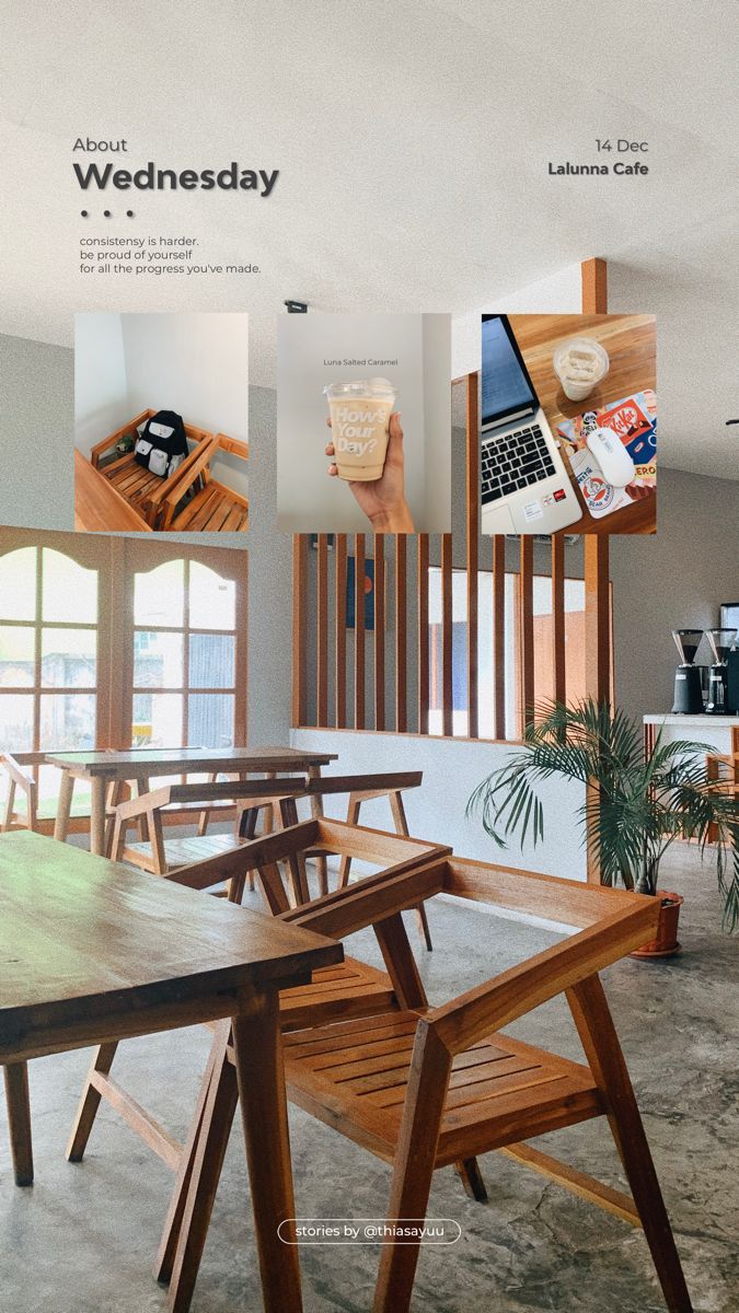 an advertisement for a coffee shop with wooden tables and chairs in front of windows, on the wall