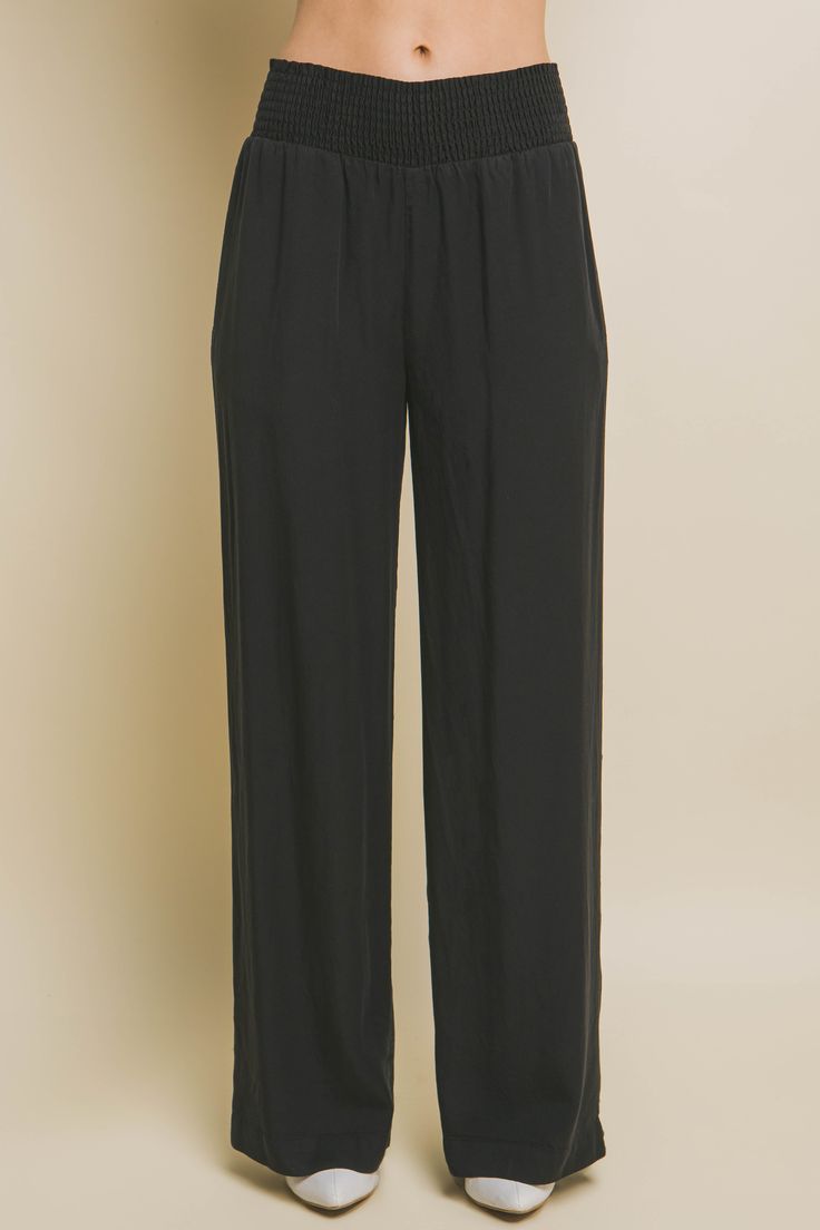 100% TENCEL Long Casual Pants with Elastic Waistband Versatile Long Pants With Elastic Waistband, Straight Leg Bottoms With Elastic Side Panels, Spring Trousers With Elastic Side Panels, Versatile Solid Pants With Elastic Side Panels, Stretch Wide Leg Pants With Elastic Side Panels, Versatile Trousers With Elastic Waistband, Versatile Straight Pants With Comfort Waistband, Versatile Pants With Comfort Waistband, Workwear Harem Pants With Elastic Waistband