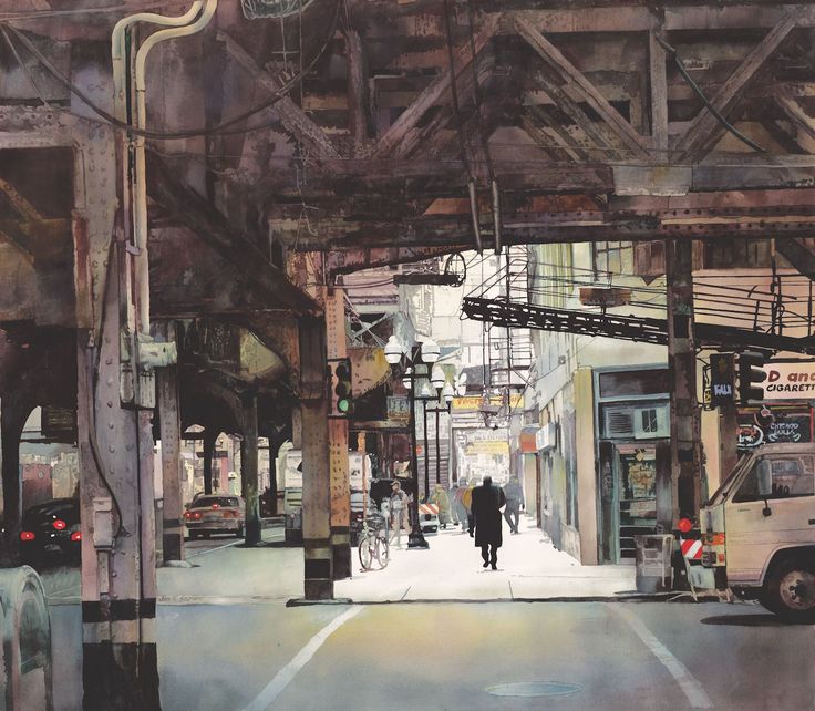 an oil painting of a man walking down the street under a bridge with cars parked on both sides