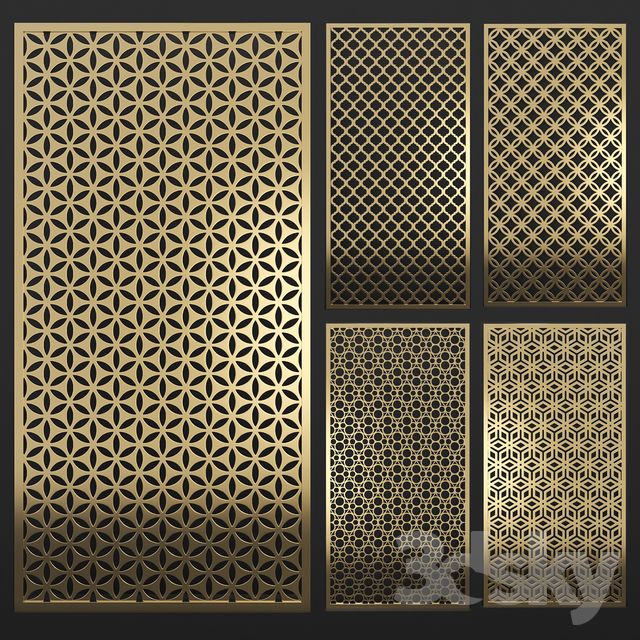 four different types of laser cut screens in various sizes and shapes, each with an intricate design