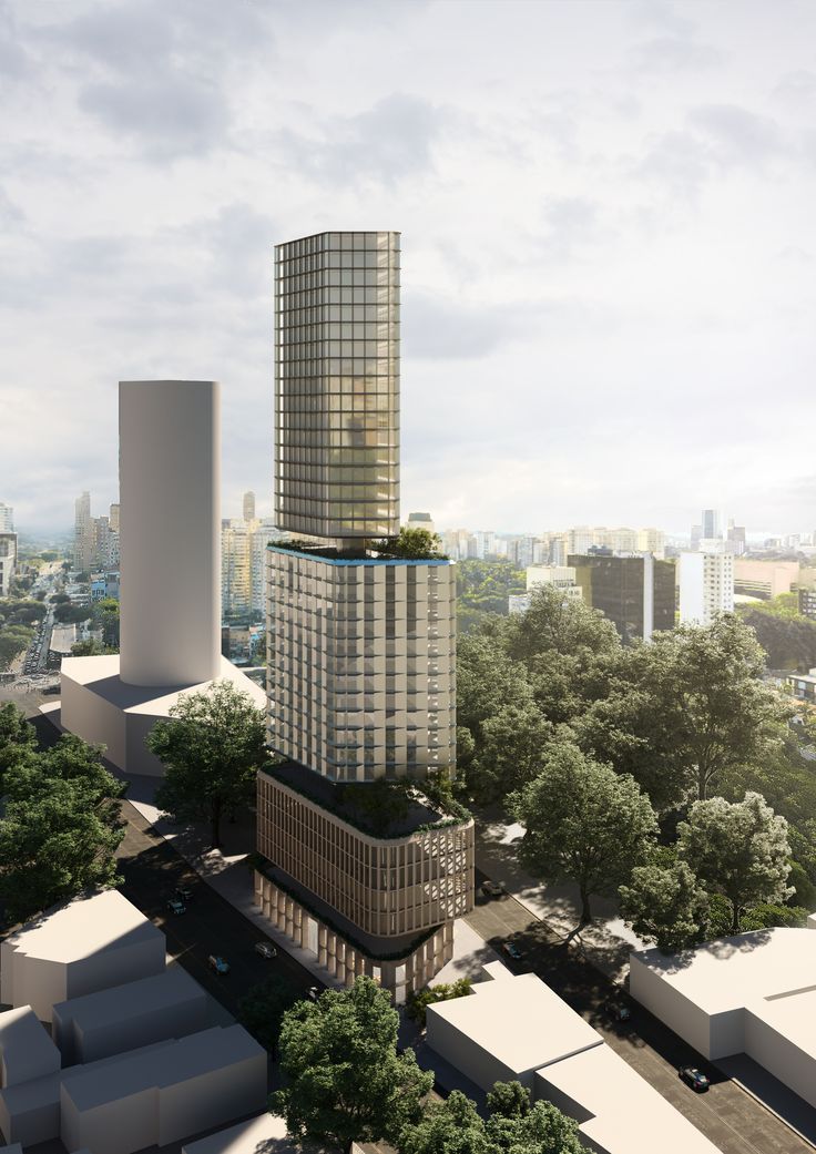 an artist's rendering of a tall skyscraper with trees in the foreground