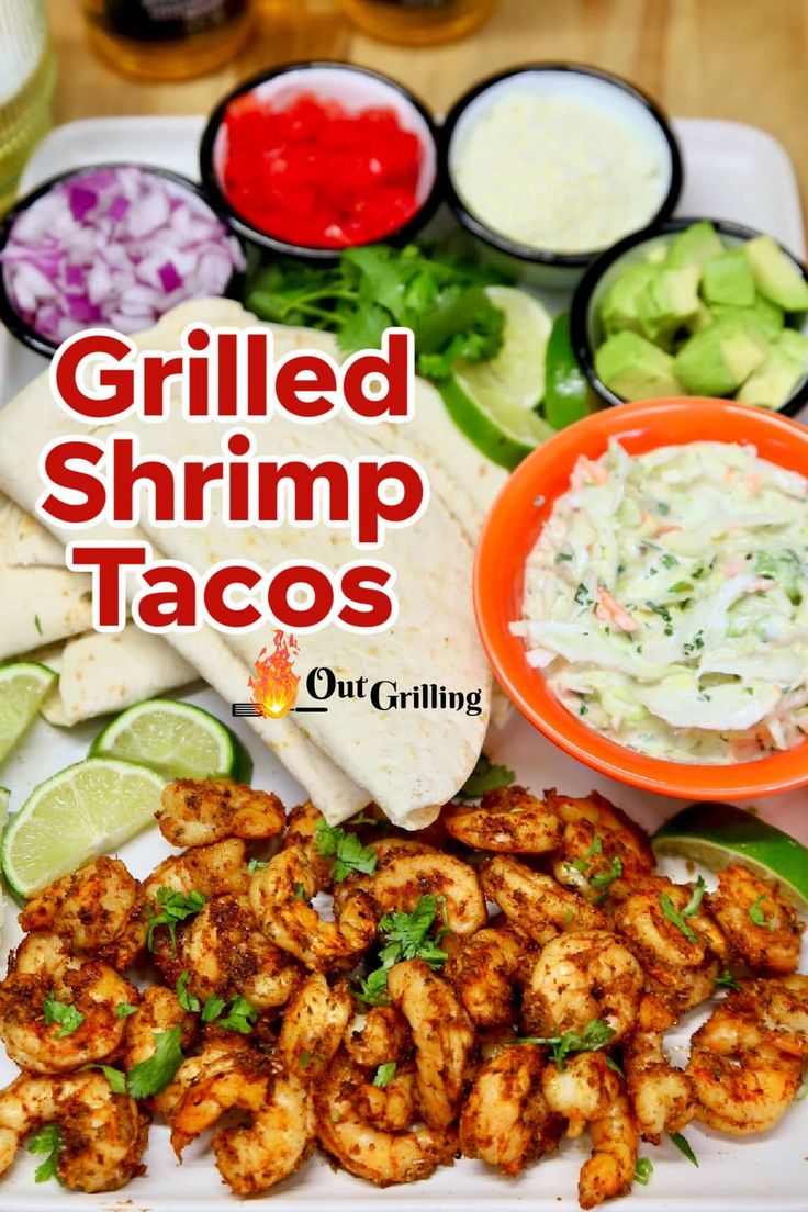 grilled shrimp tacos with guacamole and salsa