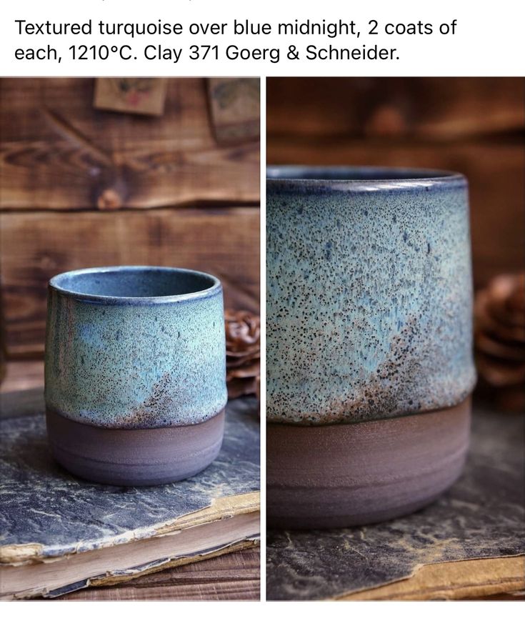 two pictures of blue and brown cups on top of each other, one is empty