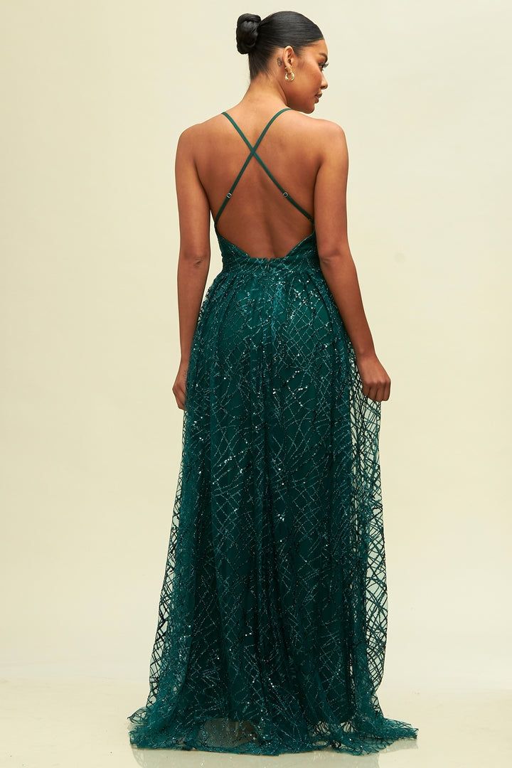 Nina Morena | Glitter and Sequin Top Mesh Gown Evening Mesh Floor-length Maxi Dress, Sheer Mesh Dress With V-neck For Evening, Summer Mesh Dress With Sheer Bodice, Maxi Length, Green Sequined Floor-length Maxi Dress, Bohemian Floor-length Sequined Maxi Dress, Mesh Gown, Mesh Skirt, Sequin Gown, Sequin Top