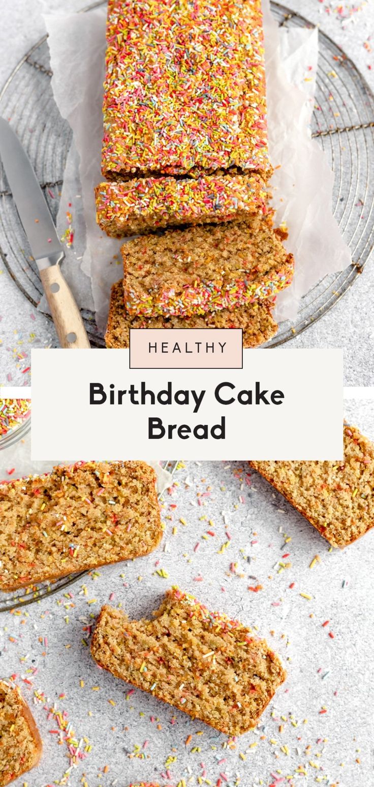 healthy birthday cake bread on a plate with sprinkles and a knife next to it