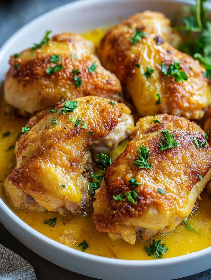 a white bowl filled with cooked chicken and garnished with parsley