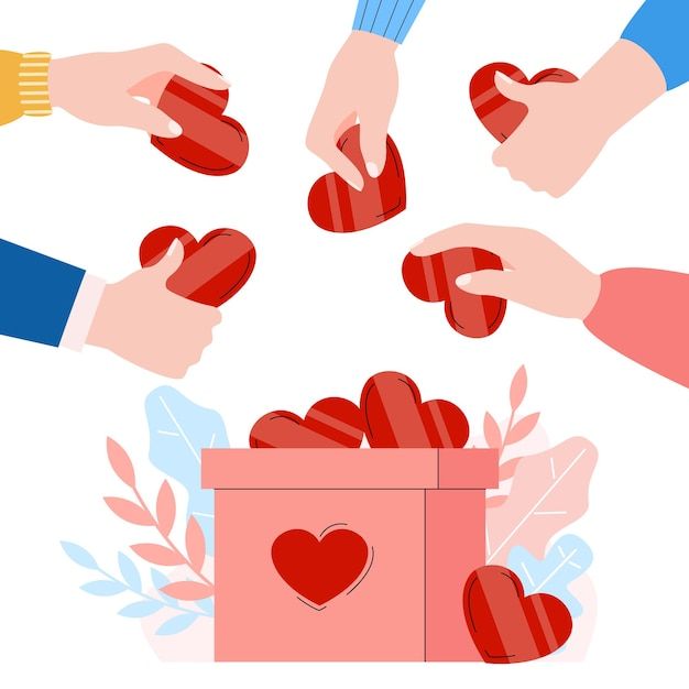 several people are holding hearts in their hands over a pink box that is filled with candy