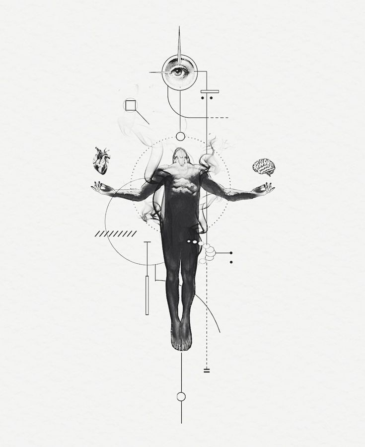 a drawing of a man with his arms spread out in front of him, surrounded by lines and circles