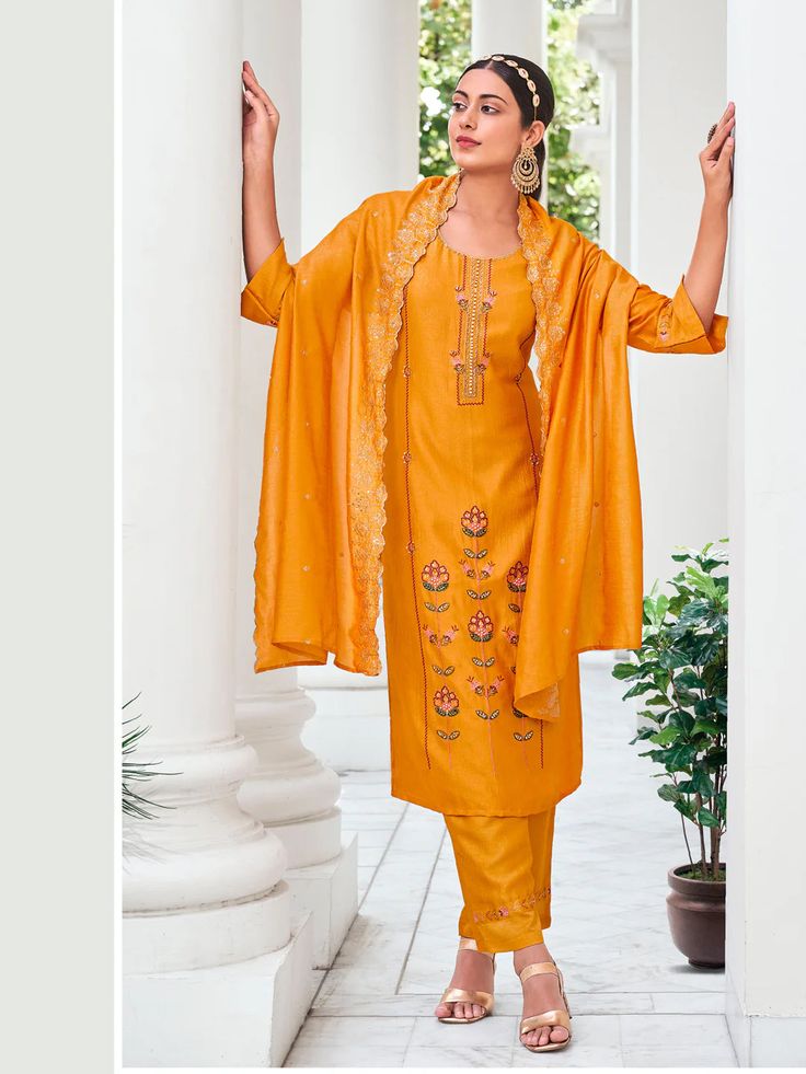 Trendy Elementary Designer Readymade Salwar Suit Processing Time : 7 Business Days Work : Embroidery With Sequins Work Fabric:Top : Venetian Silk Bottom : Venetian Silk Dupatta : Venetian Silk Color:Top : Yellow Bottom : Yellow Dupatta : Yellow Salwar Kameez Mens, Yellow Dupatta, Silk Pant Suit, Patiyala Dress, Lehenga Suit, Resham Work, Silk Pant, Straight Cut Pants, Churidar Suits