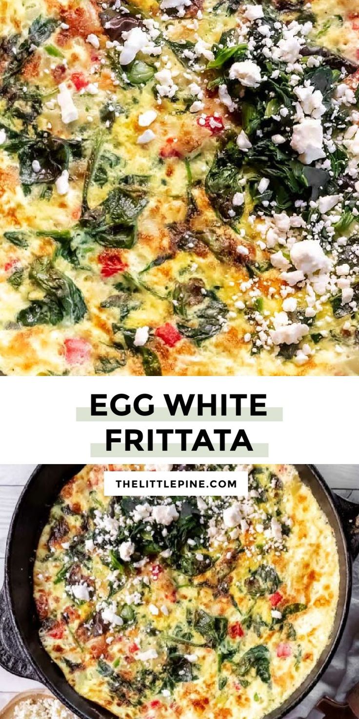 egg white frittata with spinach and cheese in a skillet on the side