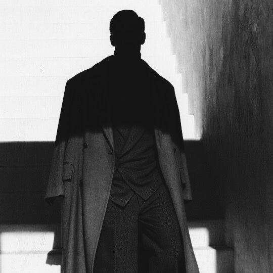 a man standing in front of stairs with his back turned to the camera, wearing a long coat