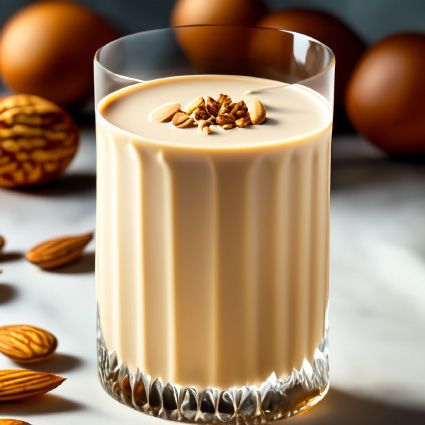 a glass filled with almond milk surrounded by nuts