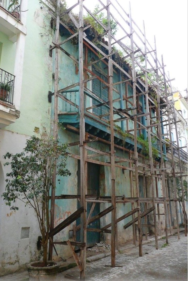 an old building with scaffolding on it and a tree in the foreground