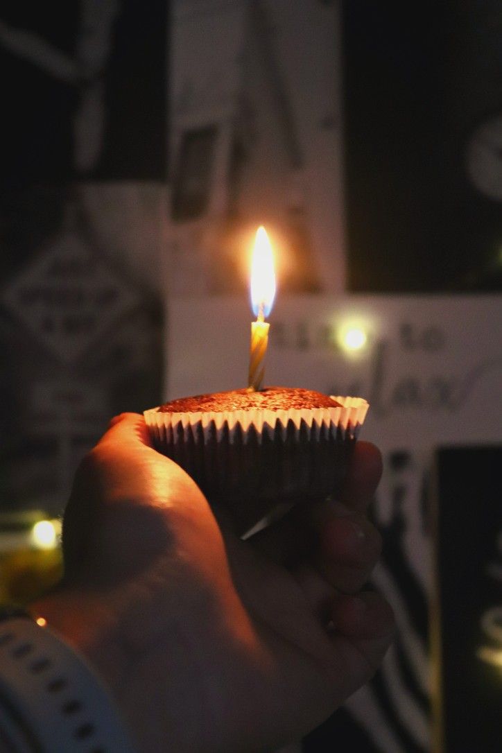 a person holding a cupcake with a candle in it