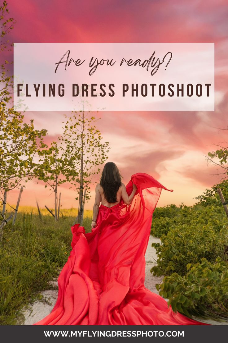 a woman in a red dress with the words are you ready? flying dress photoshoot