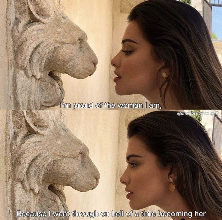 two pictures of a woman with her face close to a stone lion head and the caption that says, i am proud of the woman i am