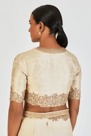 Ivory brocade blouse with marodi and floral motifs embroidery. - Aza Fashions Chikankari Embroidery Chanderi Blouse For Reception, Reception Blouse With Chikankari Embroidery In Traditional Drape, Reception Cotton Silk Blouse Piece With Chikankari Embroidery, Elegant Blouse With Chikankari Embroidery In Traditional Drape, Reception Blouse Piece With Chikankari Embroidery On Cotton Silk, Elegant Chanderi Tops With Intricate Embroidery, Elegant Tops With Intricate Embroidery In Chanderi, Elegant Off-white Traditional Wear With Unstitched Blouse, Transitional Reception Tops With Resham Embroidery