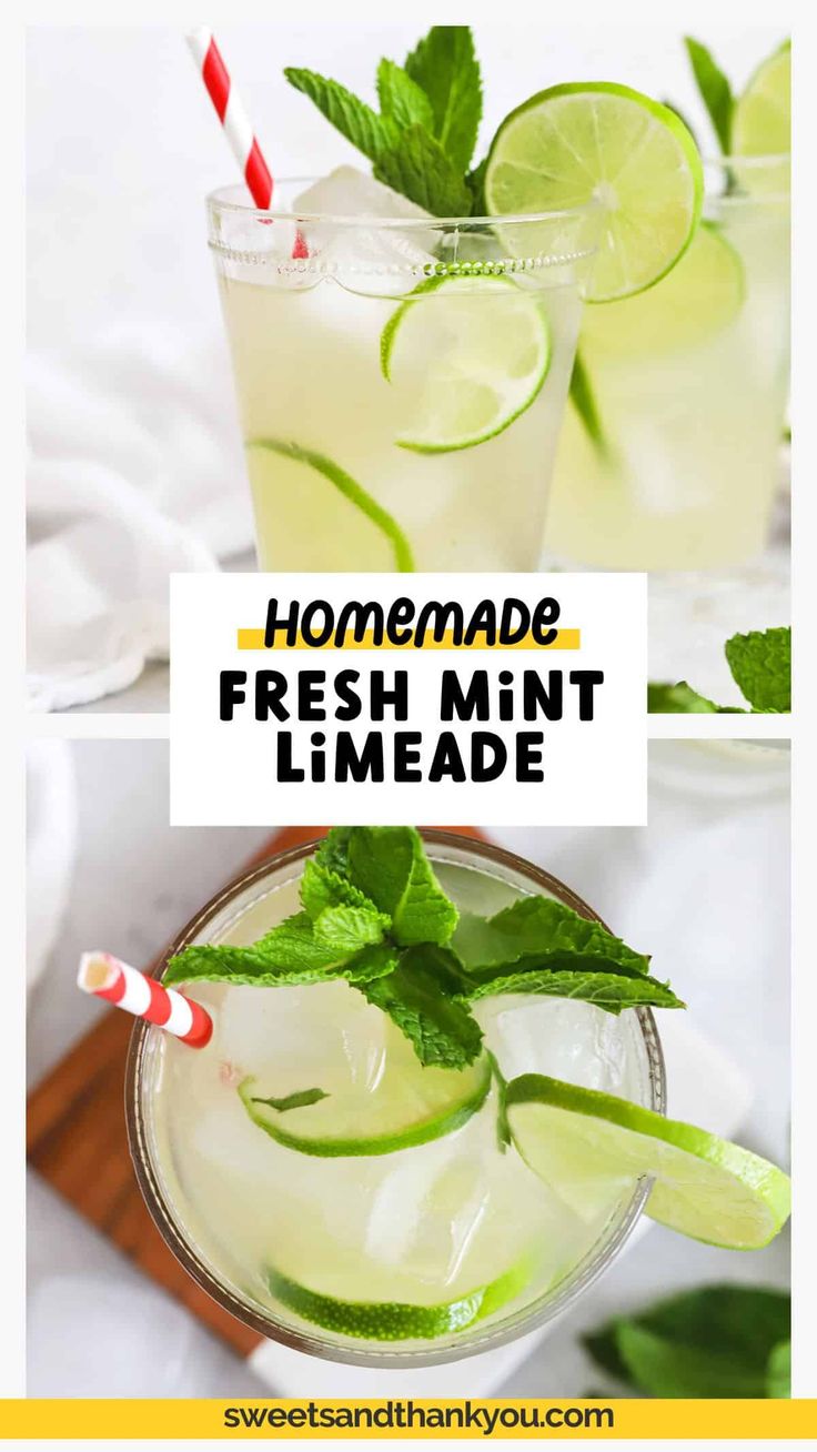 homemade fresh mint limeade in glasses with straws and garnishes on the rim