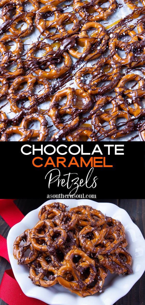 chocolate caramel pretzels on a white plate