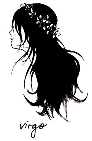 the silhouette of a woman with long hair and flowers in her hair, which reads virgo