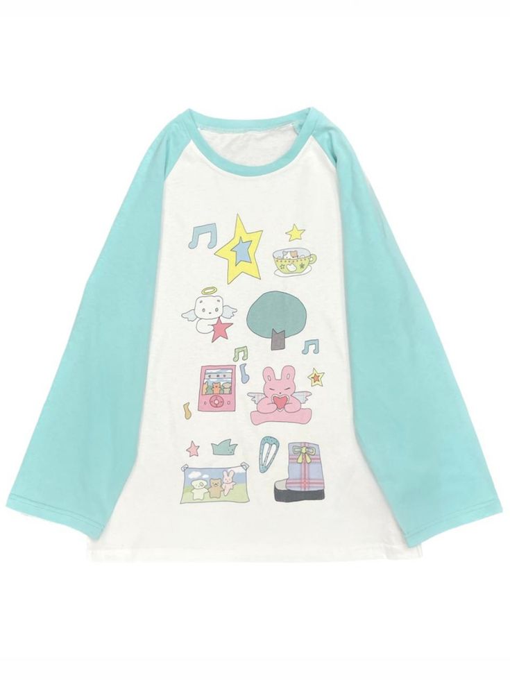 Step into a world of cuteness with our adorable comic-style print top! This charming piece features delightful prints of stars, bunnies, and other whimsical motifs, making it a perfect choice for those who love kawaii fashion. The playful designs add a touch of fun and personality to your outfit, ensuring you stand out in any crowd. Add this adorable piece to your wardrobe and embrace your love for all things cute and playful!  Please note that the price includes only the top.  SizeSMLength6870Bust101104Sleeve Length7071 Playful Long Sleeve T-shirt With Graphic Print, White Cotton Tops With Cartoon Print, Fun White Top With Cartoon Print, White Fun Tops With Cartoon Print, Fun White Tops With Cartoon Print, Fun Cartoon Print Tops For Spring, Fun Cartoon Print Spring Tops, White Kawaii Tops With Graphic Print, White Kawaii Top With Graphic Print