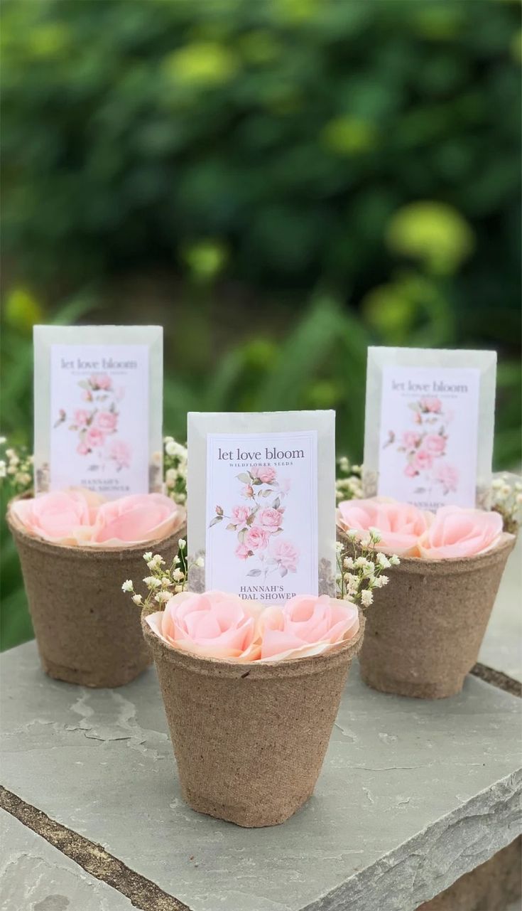 small flower pots with cards in them sitting on a stone table outside at a wedding