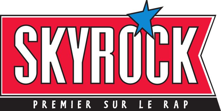 the skyrock logo is shown in red, white and blue with a star on it