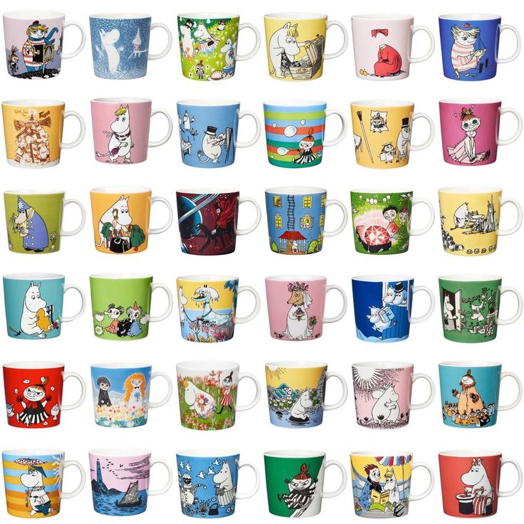 many different colored coffee mugs with cartoon characters on the inside and outside of them