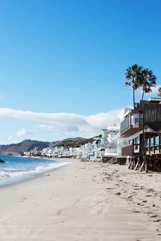 the beach is lined with houses and palm trees