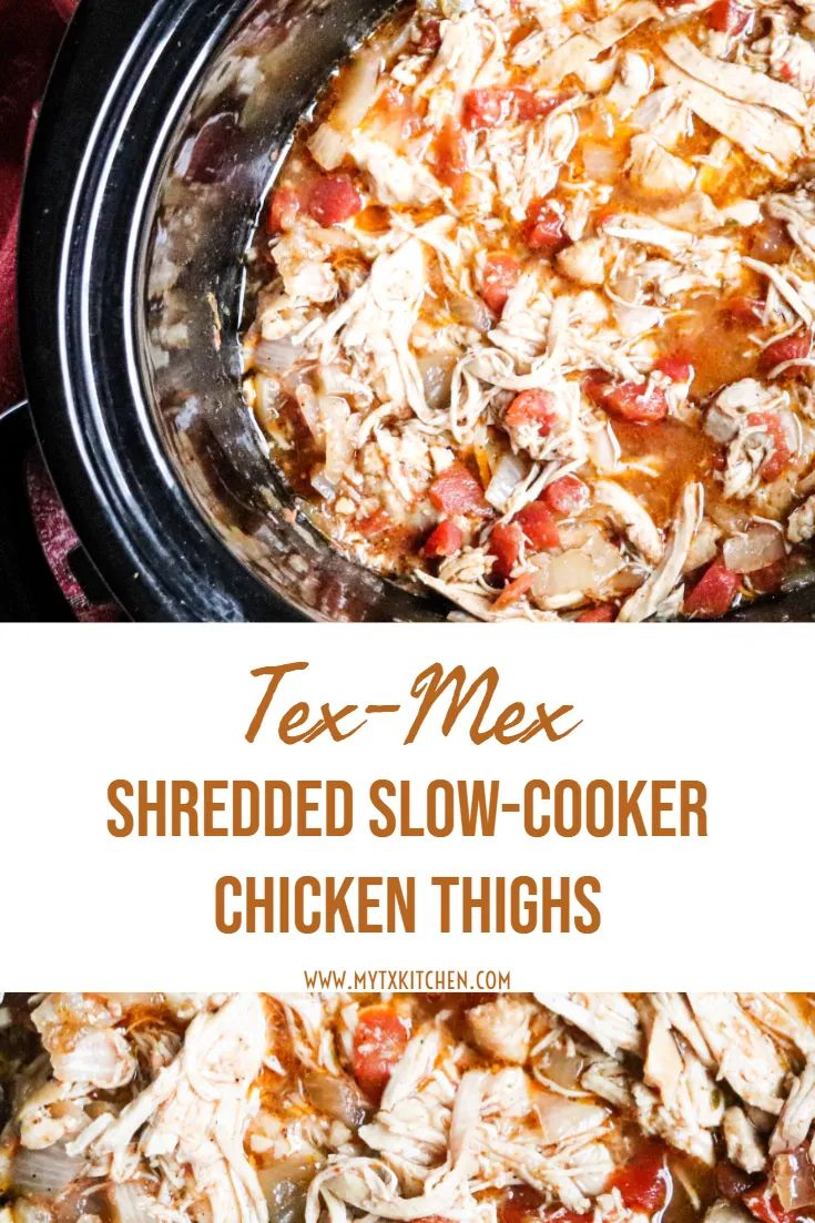 shredded slow - cooker chicken thighs in a crock pot with text overlay