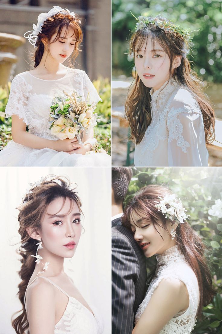 four different pictures of young women in wedding dresses and hair accessories, one with flowers on her head