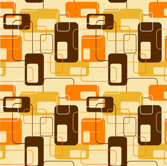 an orange and brown abstract pattern with squares, circles and rectangles on a beige background