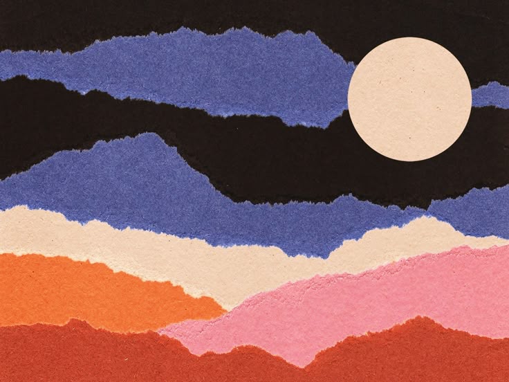 an abstract painting with mountains and a full moon