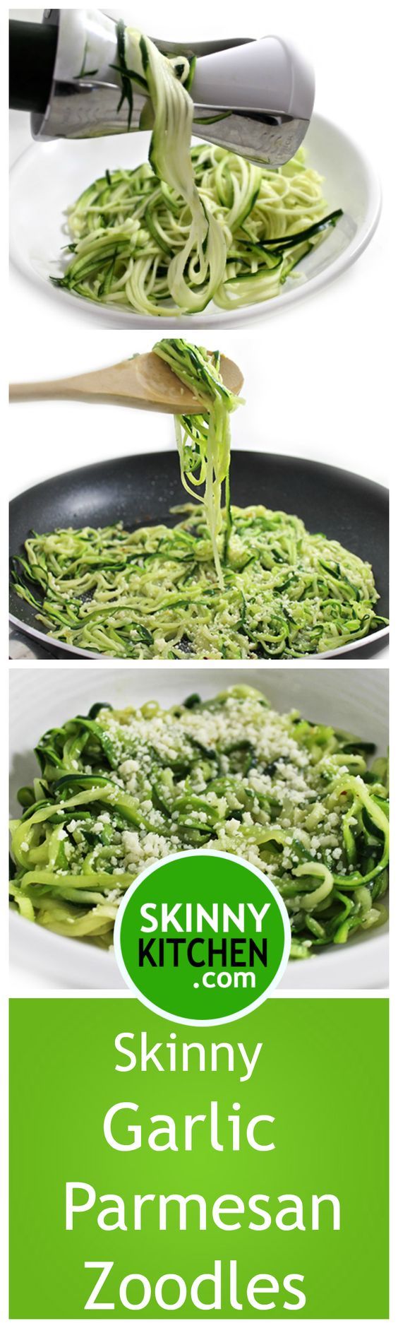 an advertisement for skinnyy garlic parmesan zoodles on a plate with green sauce