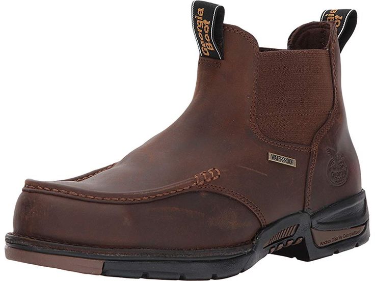 Georgia Boot Athens 5 Moc Toe Chelsea Men's Work Boots Brown Slip-resistant Moc Toe Boots For Outdoor Work, Moc Toe Slip-resistant Boots For Outdoor Work, Outdoor Work Boots With Moc Toe And Rubber Sole, Rugged Waterproof Slip-on Boots With Vibram Sole, Slip-resistant Moc Toe Walking Boots, Moc Toe Boots With Rubber Sole For Outdoor Work, Western Waterproof Boots With Reinforced Moc Toe, Western Waterproof Moc Toe Work Boots, Brown Waterproof Boots With Reinforced Heel And Moc Toe