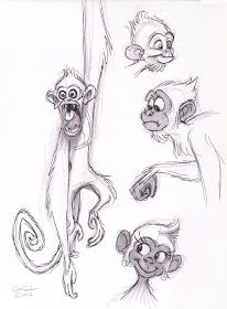 sketches of monkeys hanging upside down on a tree