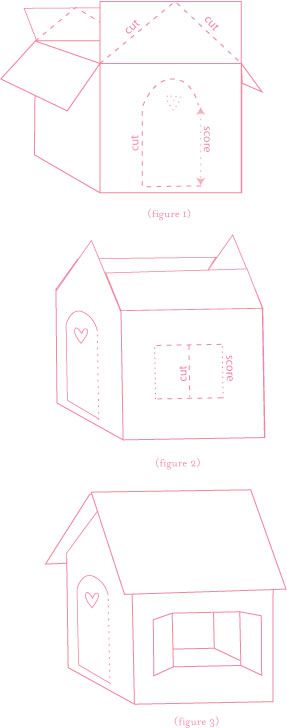 three drawings of the same house, one with a roof and one with a door