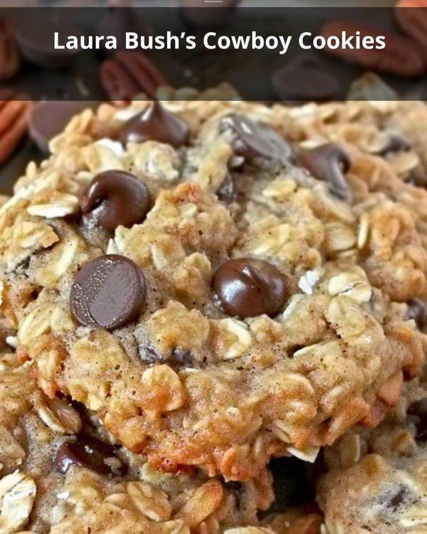 there is a cookie with chocolate chips on it and the words lauren bush's cowboy cookies above it