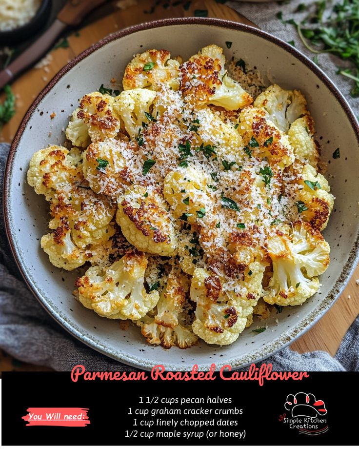 "Looking for a tasty and easy side dish idea? Try this delicious Parmesan Roasted Cauliflower recipe! It's the perfect way to add some extra flavor to this healthy vegetable. Plus, it's a great way to get your kids to eat their veggies without complaints. Click to get the full recipe and give it a try tonight! #healthyrecipes #roastedcauliflower #easyrecipes" Cauliflower Parmesan, Roasted Cauliflower Recipe, Parmesan Roasted Cauliflower, Pecan Chicken Salads, Tomato Tortellini Soup, Roasted Cauliflower Recipes, Roasted Pear, Pecan Chicken, Cauliflower Recipe