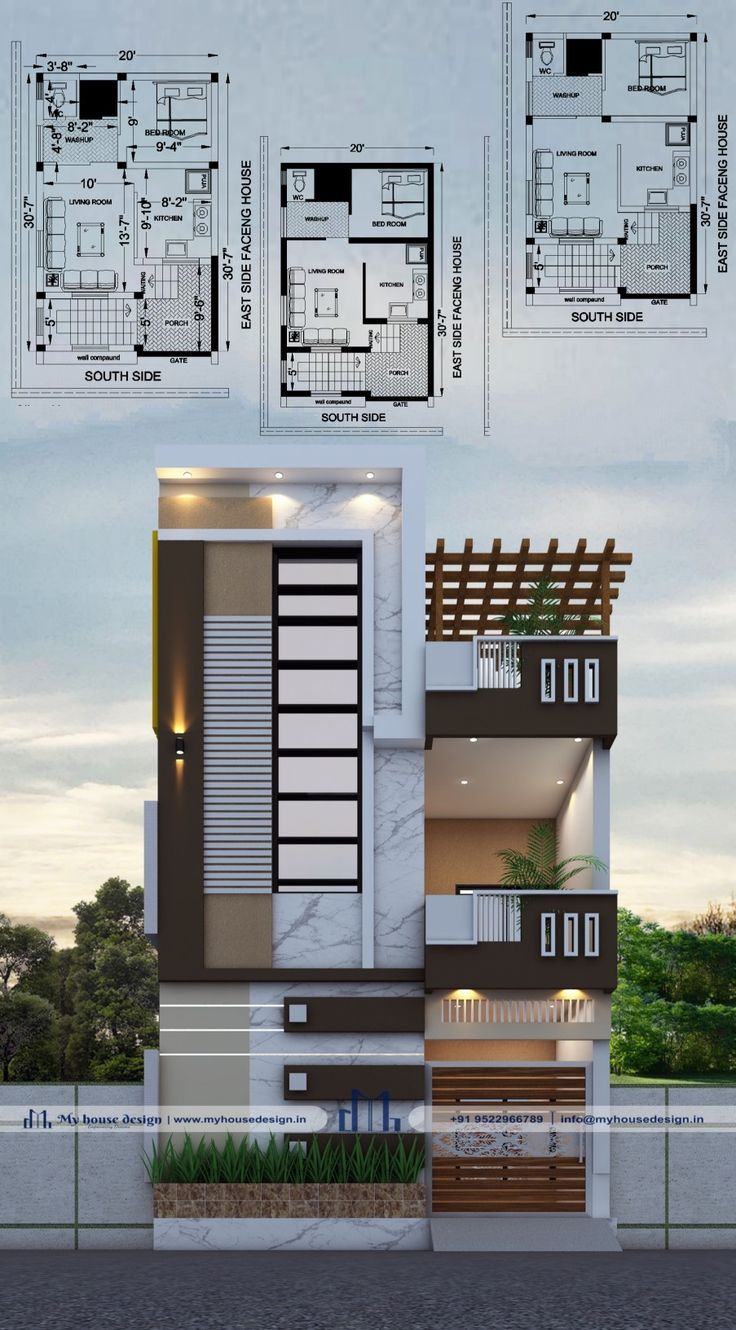 the front and side view of a modern house with three floors, two balconies and